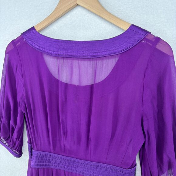 CALYPSO Dress S Small CHRISTIANE CELLE Silk Sheer Satin Trim Knee Length Purple - Picture 6 of 15